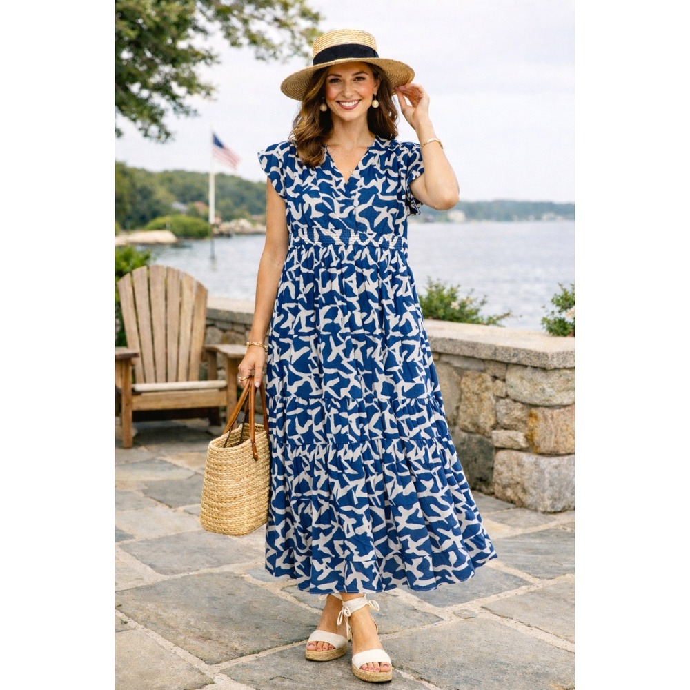 MIRTH Women's Indigo Blue White Abstract Print Cotton Tiered‎ Maxi Dress- S